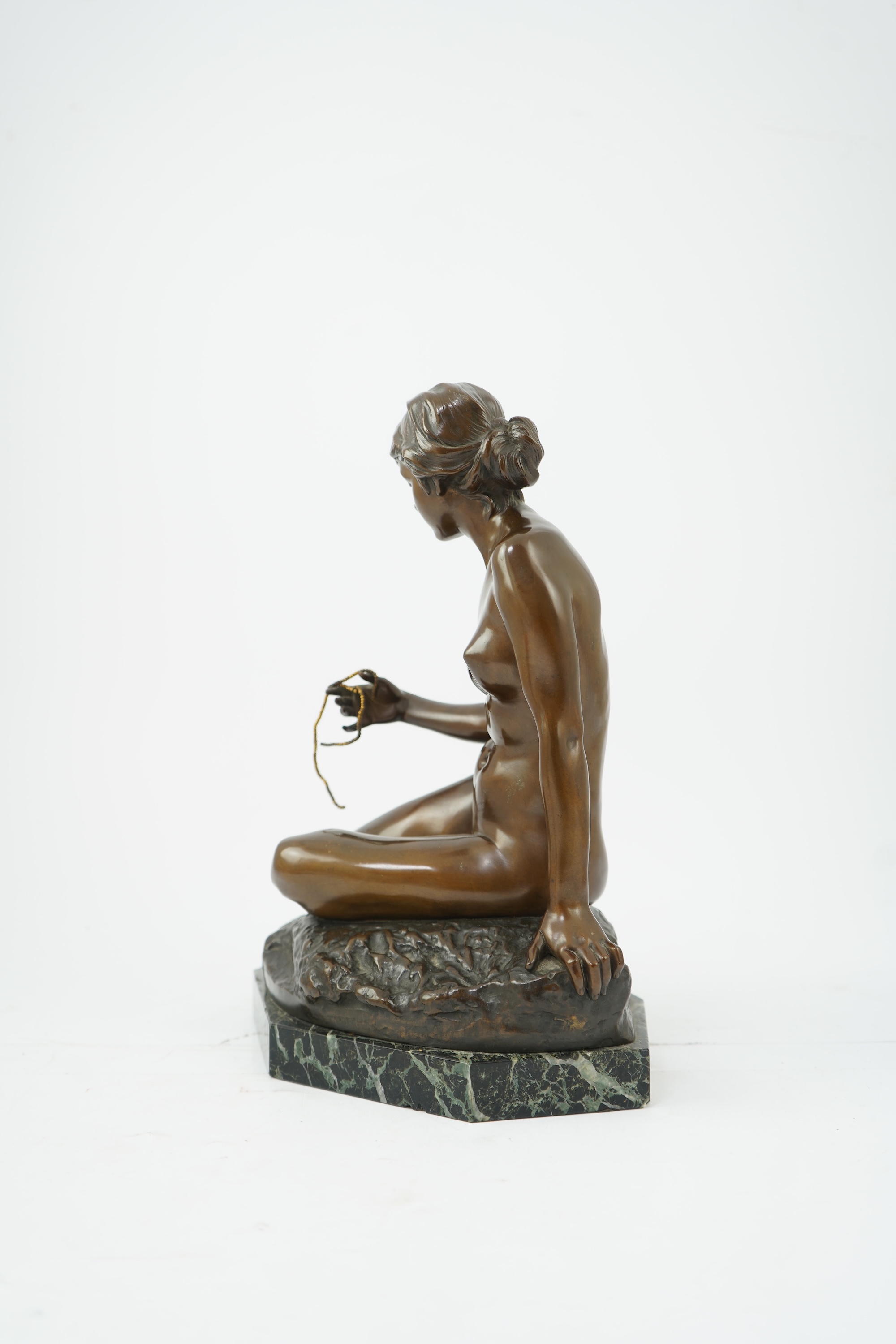 After Arnold Katsch (German, b.1861), an Art Nouveau bronze figure of Psyche, with foundry mark to reverse ‘Gladenbeks Bronceciesserei’, on serpentine marble base, missing butterfly from hand, 34cm